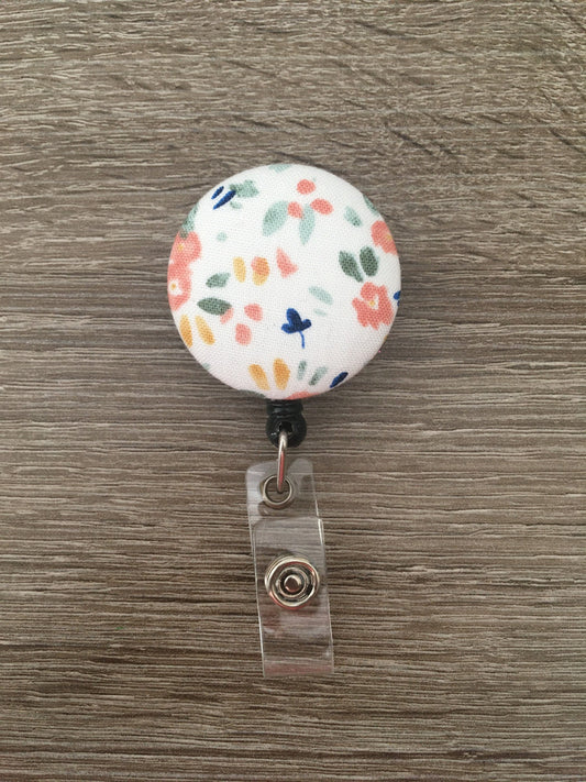 White Floral Retractable Badge Reel