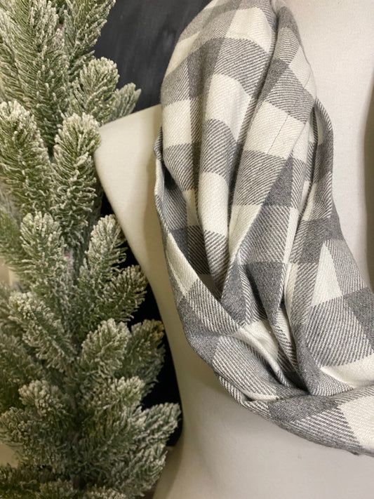 Gray and Cream Buffalo a plaid Infinity scarf, winter scarf, holiday gift, unisex scarf, warm scarf