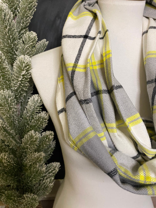 Gray and Pale Yellow Plaid Infinity Scarf, infinity scarf, plaid scarf, winter scarf, warm scarf