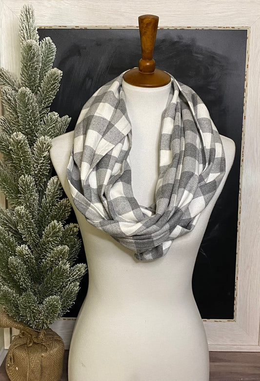 Gray and Cream Buffalo a plaid Infinity scarf, winter scarf, holiday gift, unisex scarf, warm scarf