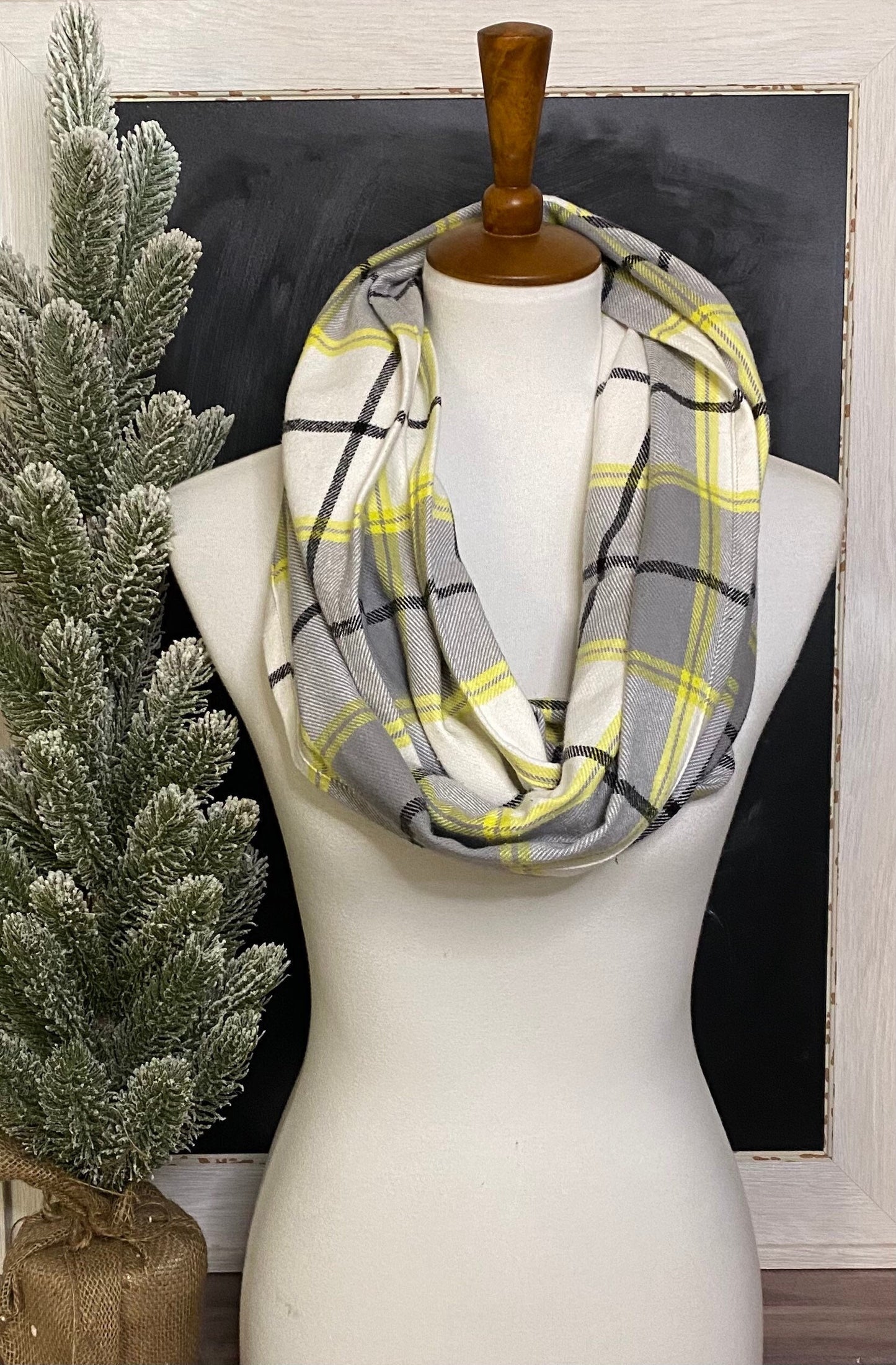 Gray and Pale Yellow Plaid Infinity Scarf, infinity scarf, plaid scarf, winter scarf, warm scarf